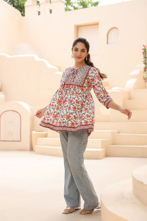 Women Floral Printed Pure Cotton A-Line Top